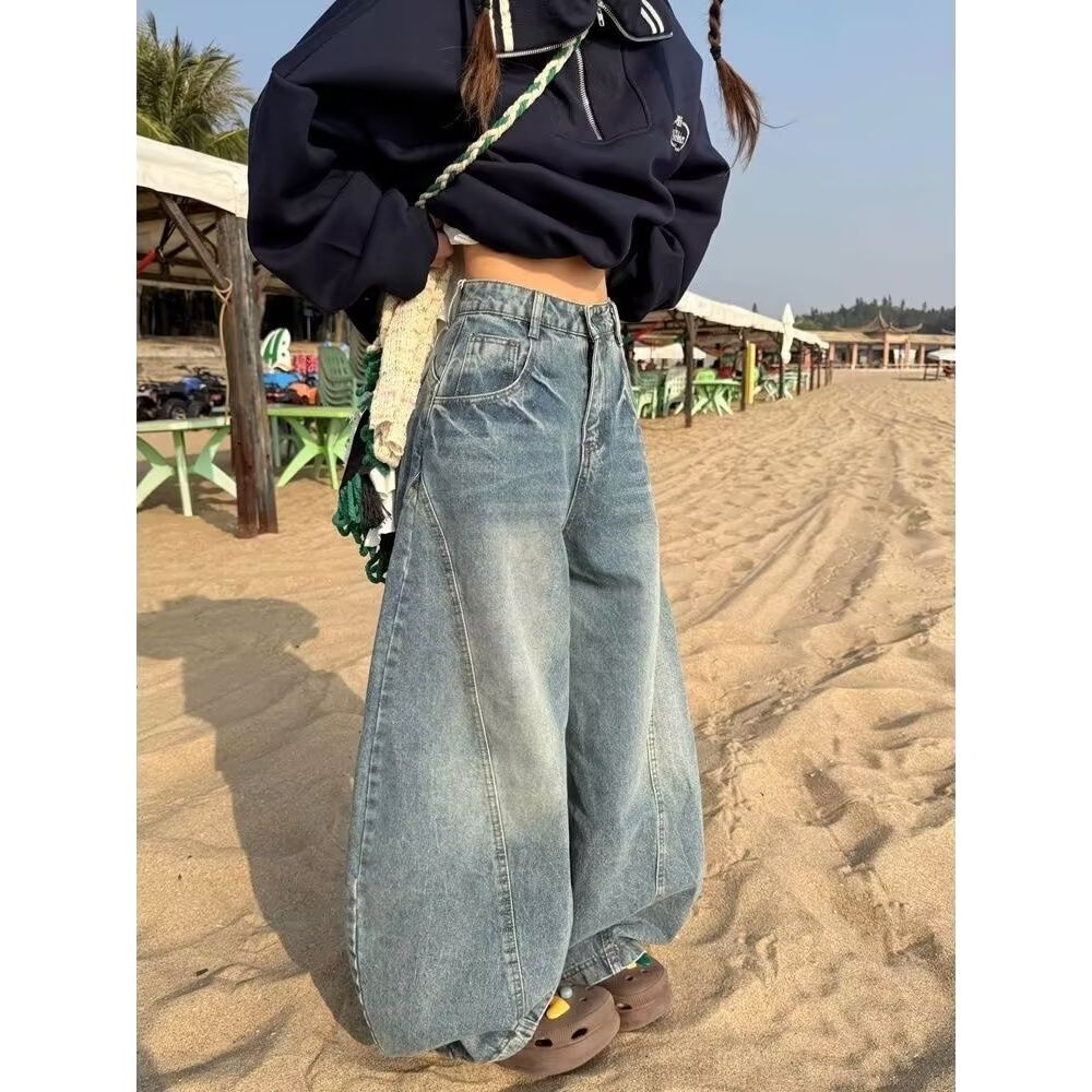 Women's Clothing Women's High-Waisted Curved Jeans Retro American Style Loose Fit Slimming Wide Leg Pants For Spring And Autumn High Street Design_ecoleips.com