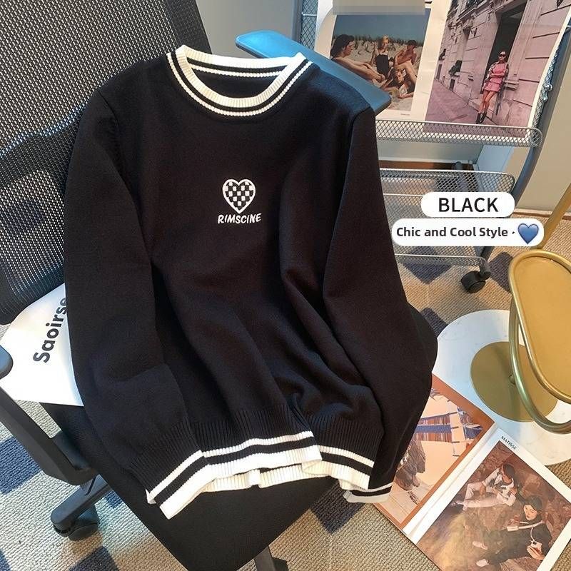 Women's Loose Fit Round Neck Knit Sweater With Embroidered Heart Design - Long Sleeve Casual Pullover For Autumn_ecoleips.com