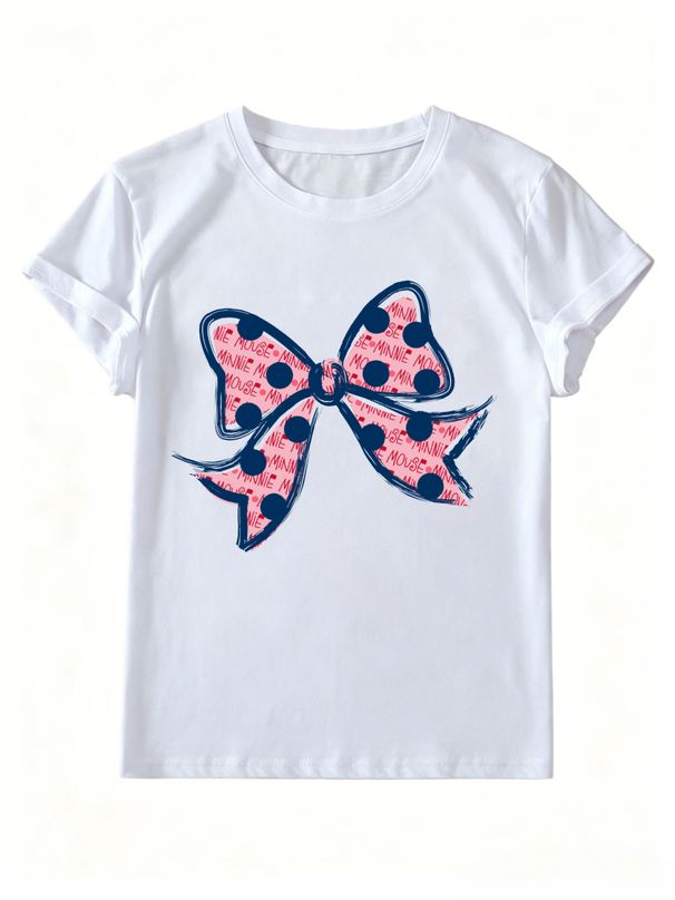 :Women Polka Dot Bow Minnie Mouse Letter Graphic T Shirt Round Neck Short Sleeve Loose Casual Summer Tops_ecoleips.com