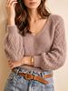 Dusty Purple V Neck Pit Rib Knit Jumper, Loose Hollow Breathable Soft Skin-touch Lantern Long Sleeve Sweater_ecoleips.com