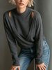 Dark Grey Mock Neck Cutout Wrap Pit Rib Knit Sweater, Loose Lightweight Breathable Soft Skin-touch Long Sleeve Pullover_ecoleips.com
