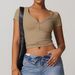 Women's Clothing Sanded Breathable Yoga Short Sleeved V Neck Running Sports Fitness T Shirt Top_ecoleips.com