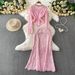 Luxury Lace Shirt for Women with Heavy Rhinestone Embellishments round Neck Elegant Fishtail Design High End Sophisticated_ecoleips.com