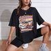Women's Casual Black T-Shirt round Neck Short Sleeve Loose Print Sporty Simple Top_ecoleips.com