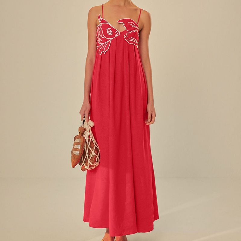 Women's Clothing Summer New Fashion Elegant Red Fish Shaped Top Long Dress Backless Suspender Skirt_ecoleips.com
