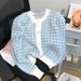 Soft Pink Checkered Knit Cardigan For Women - Cozy Short Sleeve Open Front Sweater, Lightweight & Stylish_ecoleips.com
