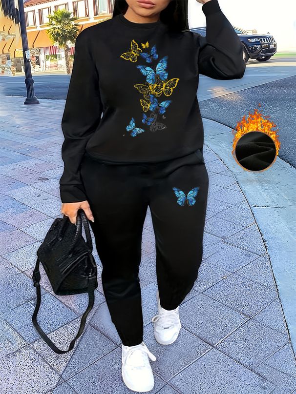 Women's Autumn And Winter Hip-hop Casual Street Butterfly Pattern Printed Round Neck Sports Shirt+sports Pants Set-586_ecoleips.com