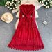 Elegant French Style Midi Dress For Women With Lace Detailing Round Neck Fitted Waist_ecoleips.com