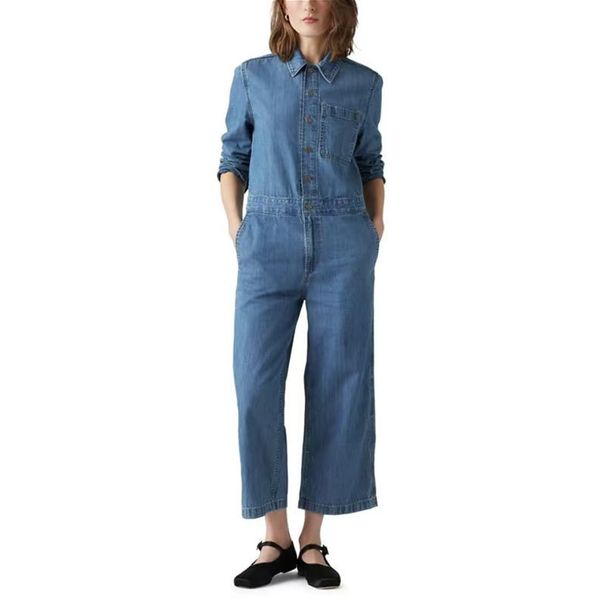 New Women's Slim Fit Collared Jumpsuit Casual Straight Leg Denim Fashionable Cross Border European American Style 2026_ecoleips.com