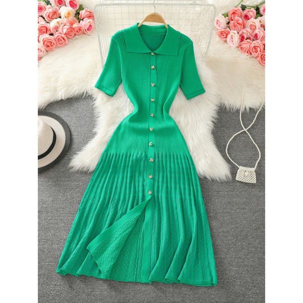 Women's Clothing Polo Collar Gold Button Sweater Dress European American Style Waist Cinching Long Dress Short Sleeved Hollow Knit New Autumn Winter_ecoleips.com