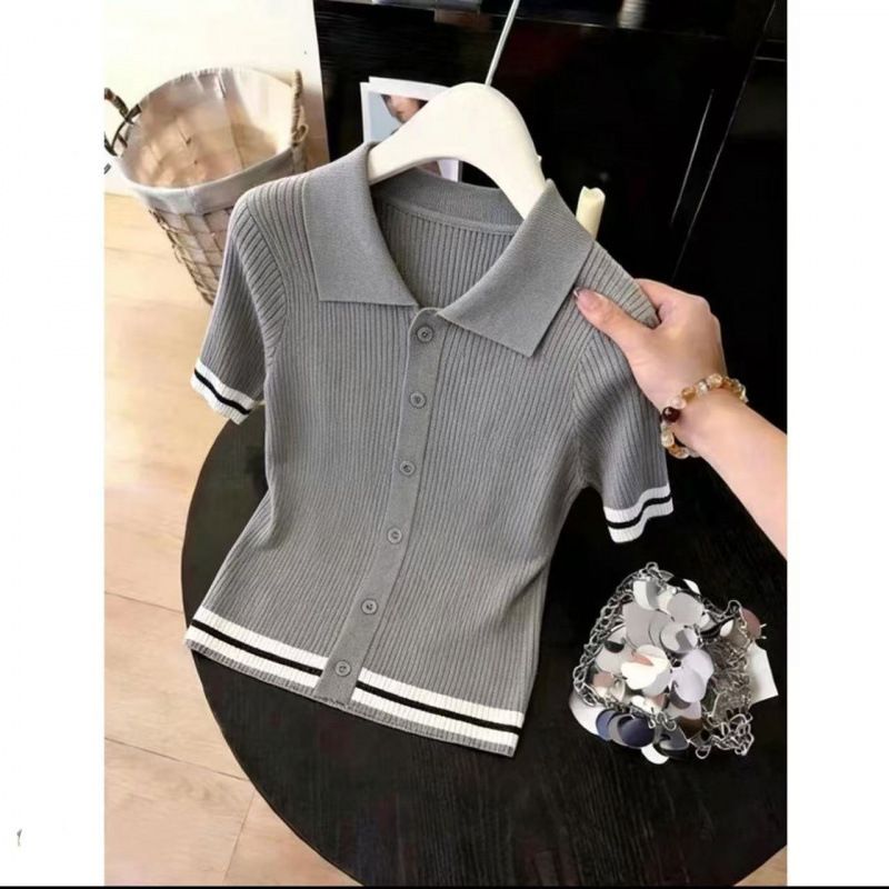 Women's Grey Collared Button Down Knit Top Short Sleeved Fashionable Slimming French Casual New Summer Style_ecoleips.com