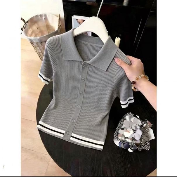 Women's Grey Collared Button Down Knit Top Short Sleeved Fashionable Slimming French Casual New Summer Style_ecoleips.com