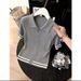 Women's Grey Collared Button Down Knit Top Short Sleeved Fashionable Slimming French Casual New Summer Style_ecoleips.com