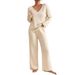 Women's V Neck Long Sleeve Suit Loose Fit Casual Ribbed Brushed Set For Autumn WinterRelaxed Everyday Wear Versatile Comfortable Feshion Trend_ecoleips.com