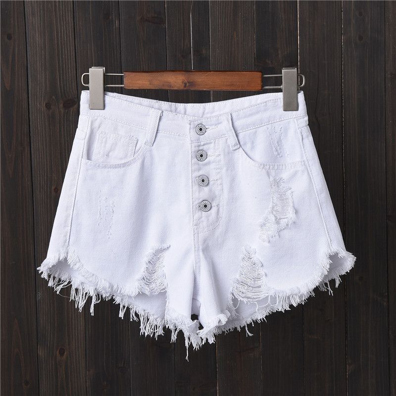 Women's Clothing Smoky Gray Ripped Button Denim Shorts Women Summer mm Large Size Slimming Wide Leg Pants Beggar AA Hot Pants Raw Edge_ecoleips.com