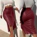 Autumn Winter European And American Foreign Trade Leather Women's Fashion Slit Slim Mid-Length Bodycon Half PU_ecoleips.com