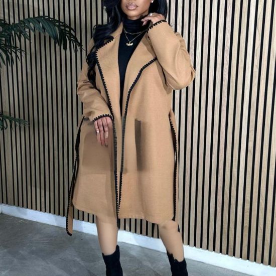 Women's Clothing Spring Women's Wool Long Sleeve Braided Lapel Long Coat Loose Windbreaker Jacket_ecoleips.com