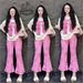 Women's Clothing Women's Summer Bow Print Two-Piece Set Thai Sweet Style Loose Short Sleeve Top With Lace Wide Leg Pants Casual Outfit_ecoleips.com