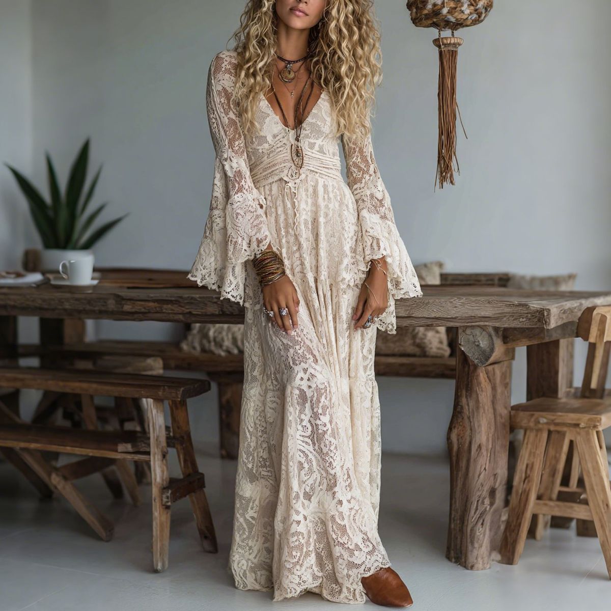 Women's Lace V-Neck Long Sleeve Maxi Dress – Floral Embroidery & Ruffle Hem (S-Xxl, Breathable Polyester Blend For Spring/Summer)_ecoleips.com