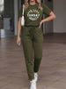 Women's Casual Suit Spring/Summer Solid Color Letter Print Crew Neck T-Shirt And Drawstring Elastic Waist Trousers Set_ecoleips.com