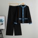 K Women's New Loose Denim Patchwork Knit Jacket & Wide Leg Pants Two-Piece Set_ecoleips.com