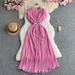 Women's Clothing Fashion Dress Heavy Beaded Straps Waisted Short Sleeved Pleated Elegant Long Skirt_ecoleips.com