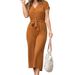 Women's V-Neck Belted Short-Sleeve Jumpsuit, Elegant Casual Romper For Summer In Earth Tone Colors Versatile Color Palette_ecoleips.com