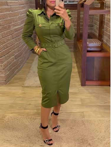 Women's Slim Fit Polo Collar Long Sleeve Shirt Dress - Mid-Length Bodycon Workwear Pencil Dress For Summer (Army Green, Black, Khaki)_ecoleips.com