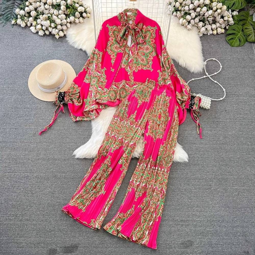 Women's Clothing Fashion Suit Female Celebrity Lantern Long Sleeve Bow Tie Loose Printed Shirt Two Piece Set High Waist Wide Leg Pants_ecoleips.com