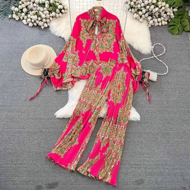 Women's Clothing Fashion Suit Female Celebrity Lantern Long Sleeve Bow Tie Loose Printed Shirt Two Piece Set High Waist Wide Leg Pants_ecoleips.com