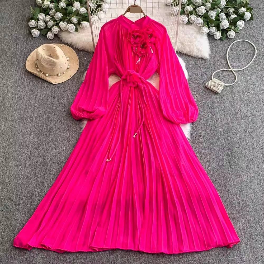 Women's Clothing Elegant French High End Dress With Heavy Beaded Three-Dimensional Flower Straps Waist Hugging Drape Large Swing Pleated Long Skirt_ecoleips.com