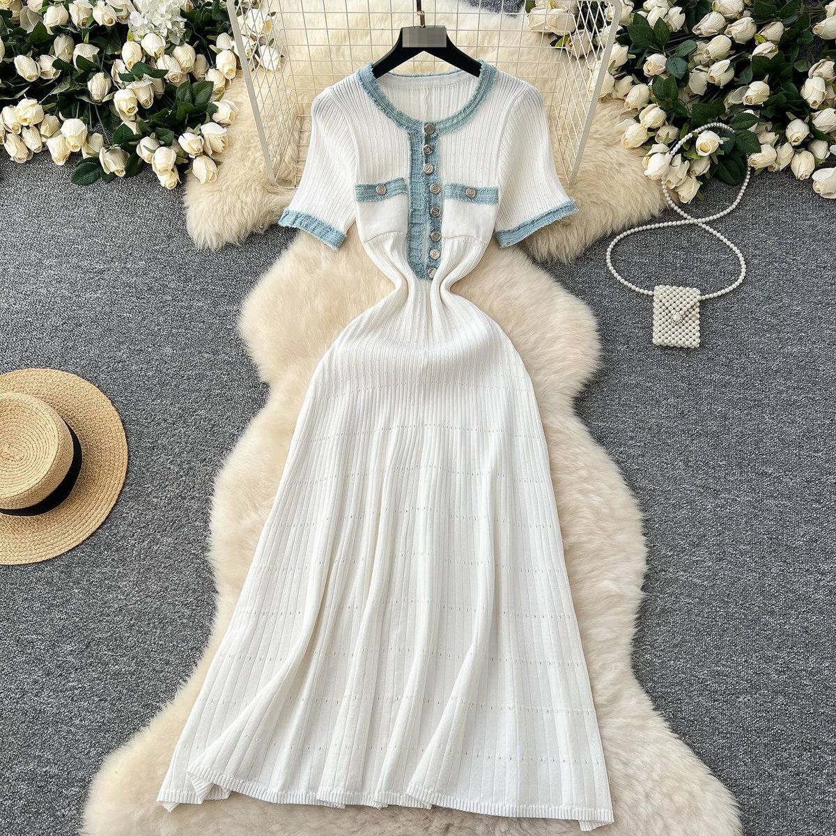 Elegant Denim Patchwork Short Sleeve Dress With Metal Buttons - High Waist A-Line Midi Dress For Women, Casual Office Wear (White/Black/Blue)_ecoleips.com