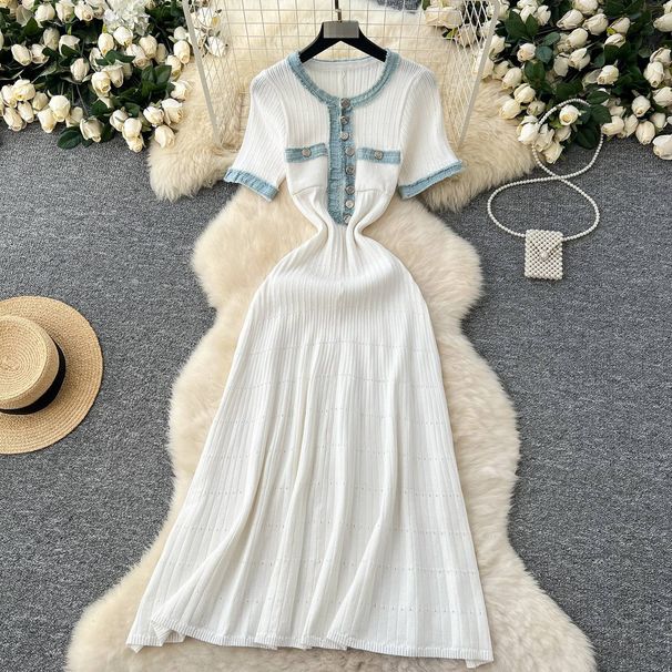 Elegant Denim Patchwork Short Sleeve Dress With Metal Buttons - High Waist A-Line Midi Dress For Women, Casual Office Wear (White/Black/Blue)_ecoleips.com