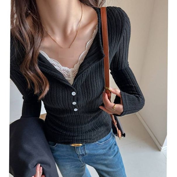 Women's Clothing Long Sleeve Lace T-Shirt Women's Slim Fit V-Neck High End Shoulder Top For Autumn Winter New Style_ecoleips.com