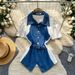 Women's French Retro Denim Patchwork Vintage Shirt Summer Short Sleeve Fitted Waist Tie Slimming Commuter Style Top_ecoleips.com