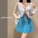 Plus Size One Piece Swimsuit Women's Retro Plaid Long Sleeved Outer Mesh Sun Protection Three Piece Set For Slightly Chubby Girls Concealing Flaws_ecoleips.com