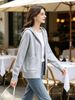 Light Grey Zip Up Drawstring Hood Pit Rib Knit Cardigan, Loose Lightweight Breathable Soft Skin-touch Long Sleeve Pocket Sweater_ecoleips.com