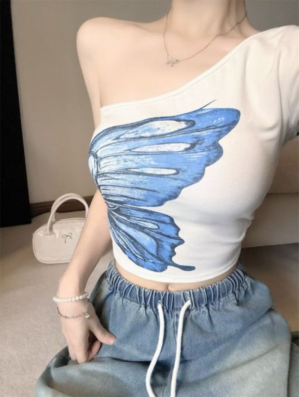 Stylish One-Shoulder Butterfly Print T-Shirt, New Summer 2026 Model, With Chest Pads, Short Sleeves, Slim Fit_ecoleips.com
