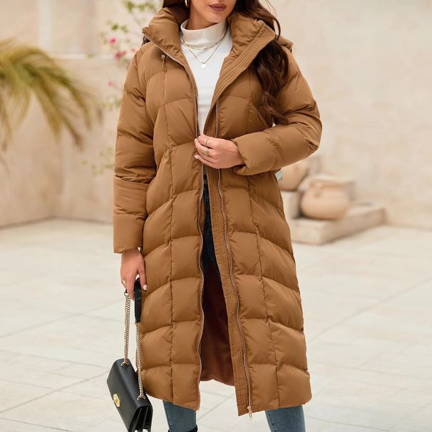 Women's Clothing Winter Hooded Loose Drawstring Waist Pocket Zipper Extended Slim Warm Cotton Jacket_ecoleips.com