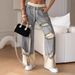 Women's Clothing Lace Up Spring And Summer Hong Kong Style Trendy Individual Street Thin Ripped Double Layer Color Straight Jeans_ecoleips.com