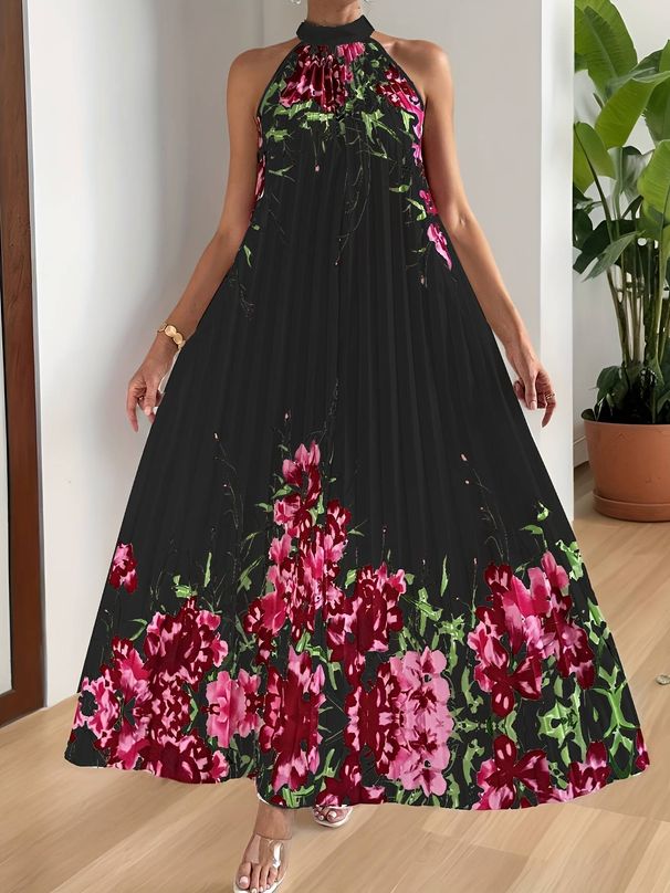 Elegant Women's Dress, Plus-size Printed Sleeveless Maxi Dress For Summer, Printed Pleated Style, Suitable For Everyday Wear, Travel, Parties, And Dates._ecoleips.com