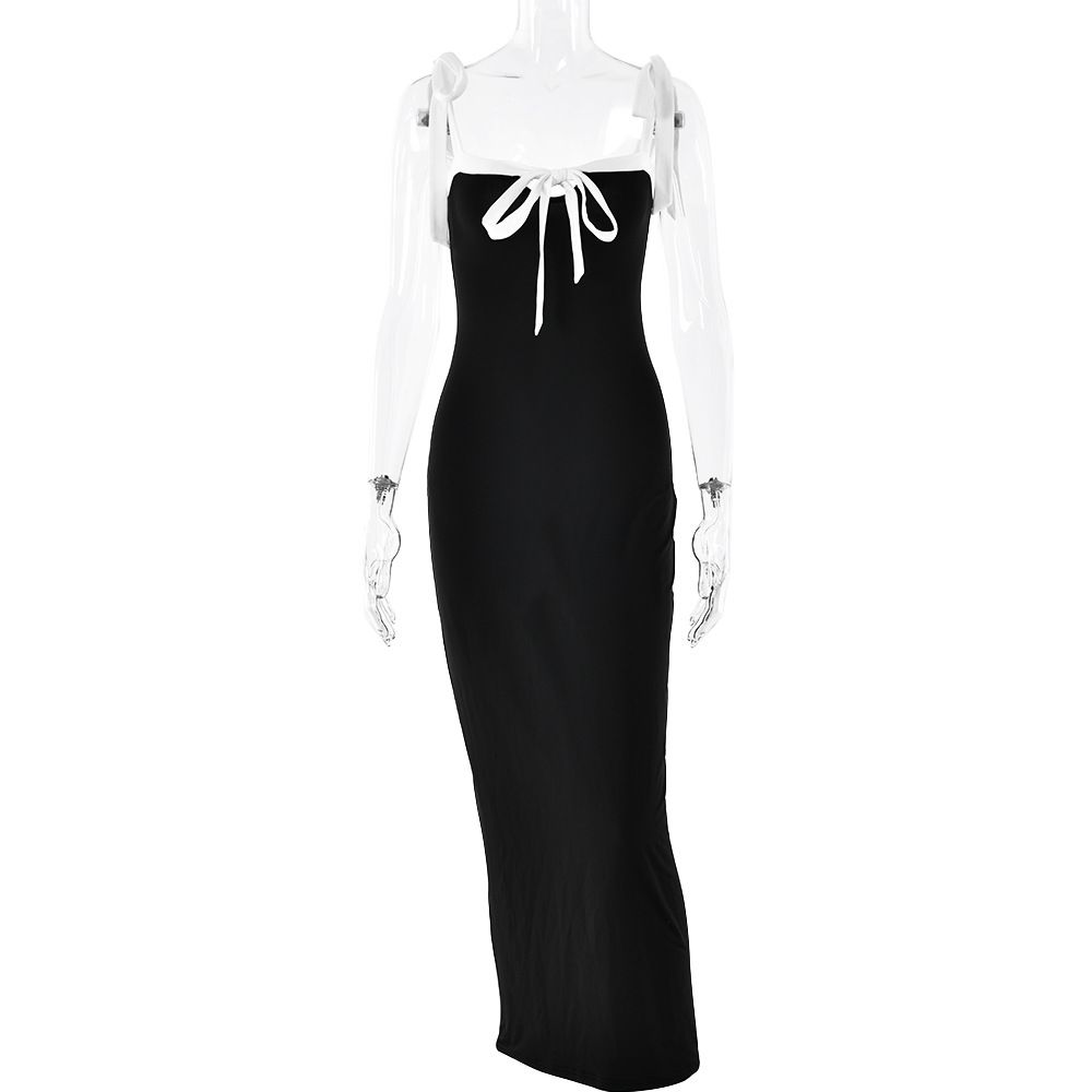 Elegant Long Maxi Dress, Sleeveless Spaghetti Straps, Adjustable Tie‑Up Detail, Skinny Bodycon Silhouette, Slimming Stylish Casual Party Wear_ecoleips.com