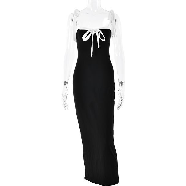 Elegant Long Maxi Dress, Sleeveless Spaghetti Straps, Adjustable Tie‑Up Detail, Skinny Bodycon Silhouette, Slimming Stylish Casual Party Wear_ecoleips.com