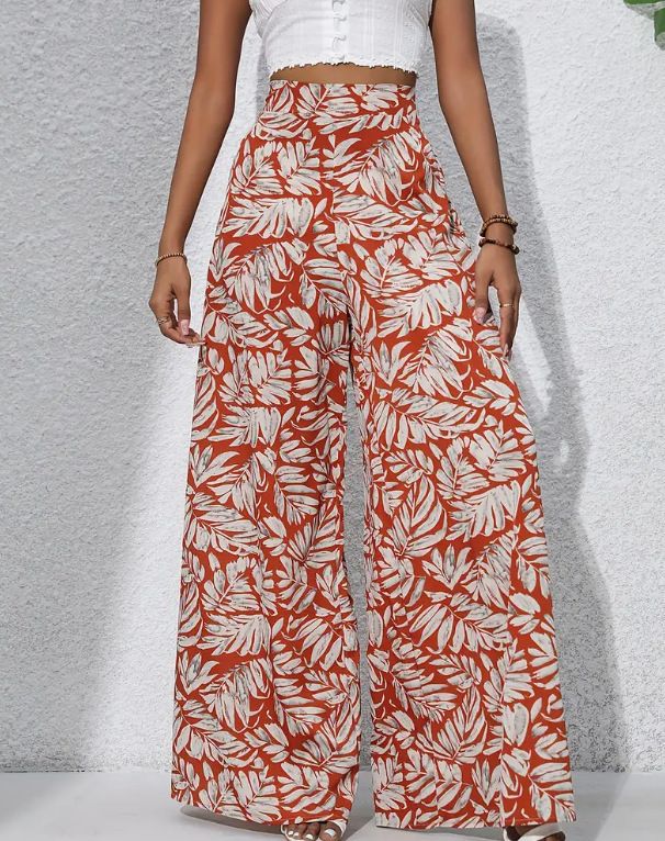 Women's Boho Tropical Leaf Print High Waist Wide Leg Pants Casual Loose Flared Trousers Elastic Waist Summer Beach Wear_ecoleips.com