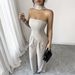 Women's Elegant Strapless Asymmetrical Lounge Set Soft Peach Beige Wrinkle-Free Polyester Chic Minimalist Outfit S to XL_ecoleips.com