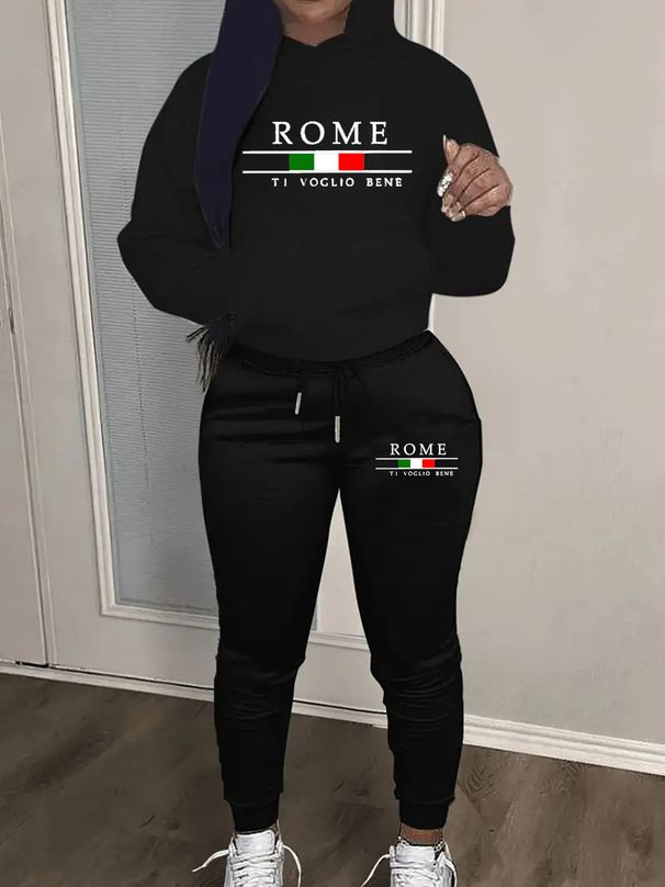 Women's Autumn And Winter Casual Fashion ROME Pattern Printed Thick Fleece Warm Hooded Sweatshirt+sports Pants Set-752_ecoleips.com