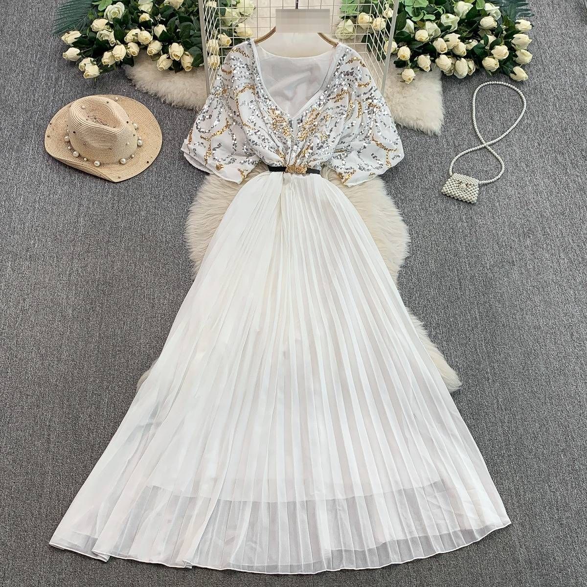 Women's Luxurious Sequined V Neck Dress High End French Elegance Fitted Waist Pleated Long Skirt Casual Elegant Summer Style_ecoleips.com