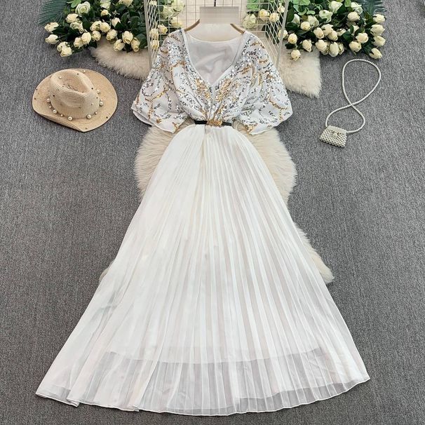 Women's Luxurious Sequined V Neck Dress High End French Elegance Fitted Waist Pleated Long Skirt Casual Elegant Summer Style_ecoleips.com