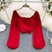 V-Neck Ruffle Detail Blouse With Puff Sleeves – Elegant Cropped Top For Women, Breathable Stretch Fabric, Perfect For Spring Layering_ecoleips.com