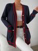 Smooth Fine Knit Cardigan, French Tweed Contrast Trim V-Neck Mid-Length Loose Outwear, Plus Size Women Casual Daily Commute Versatile Fashion Coat_ecoleips.com